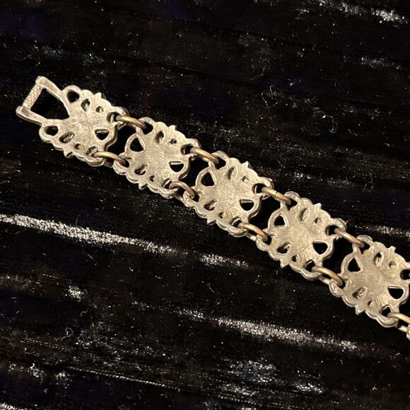 Vintage Silver Tone & Copper Filigree Tiny Faux Pearl Panel Bracelet - Picture 6 of 8